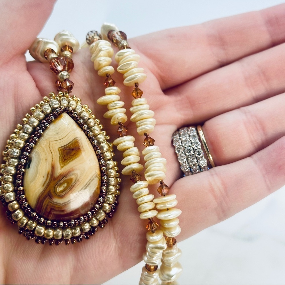 Vintage Stone Pendant Necklace Embroidery Bead Edge Leather Back 25” Long 70s - Picture 5 of 10